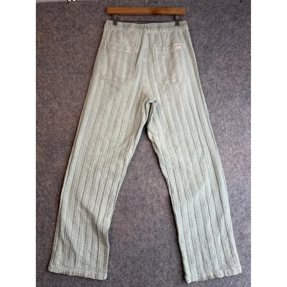 Zara Textured Cotton Wide Leg Pants Womens S Green Drawstring Pull On Coastal
